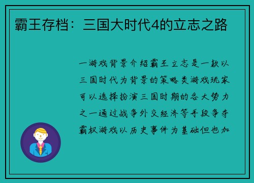 霸王存档：三国大时代4的立志之路